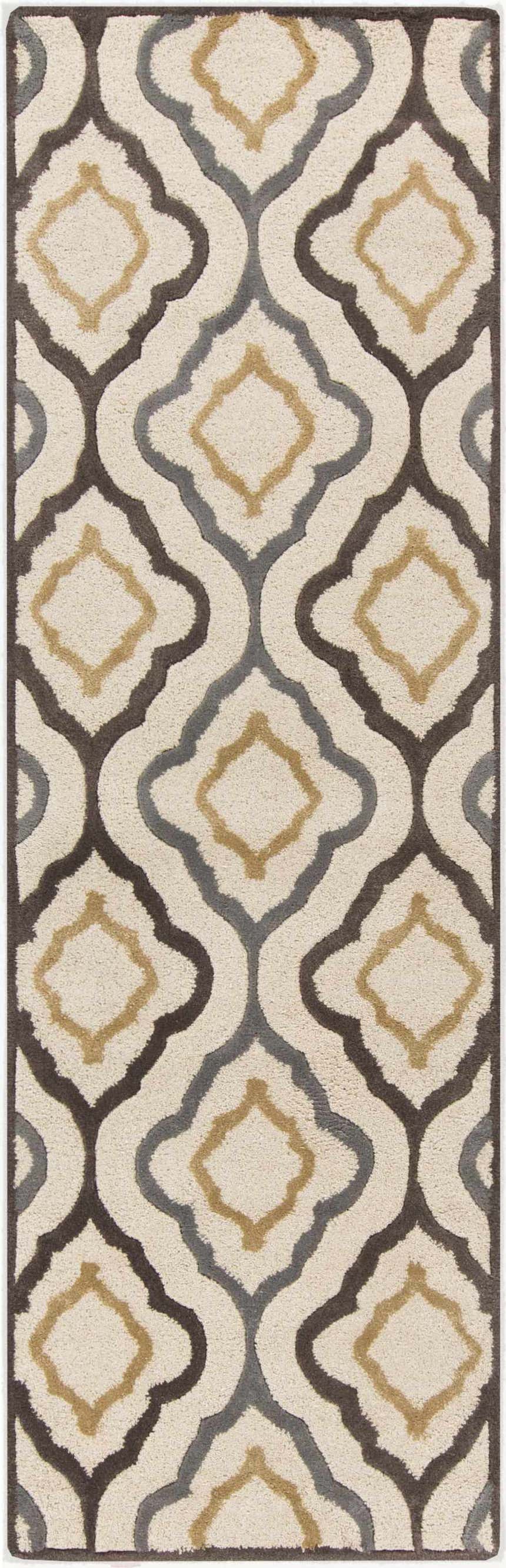 Close-up of the Karval Clearance Rug. Hand-tufted wool rug with a contemporary diamond trellis pattern in cream, brown, gray, and gold. Design-Runner-268