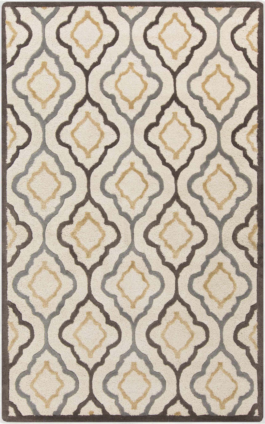 Close-up of the Karval Clearance Rug. Hand-tufted wool rug with a cream background and geometric diamond pattern in brown, gray, and gold. Design-Rectangle-58