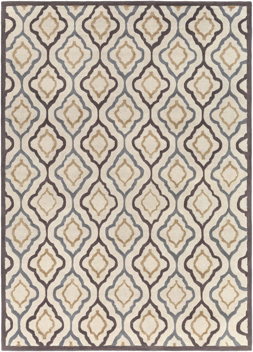 Karval Clearance Rug close-up. Hand-tufted wool rug with a beige, tan, and gray quatrefoil pattern on an ivory background. Design-Rectangle-811