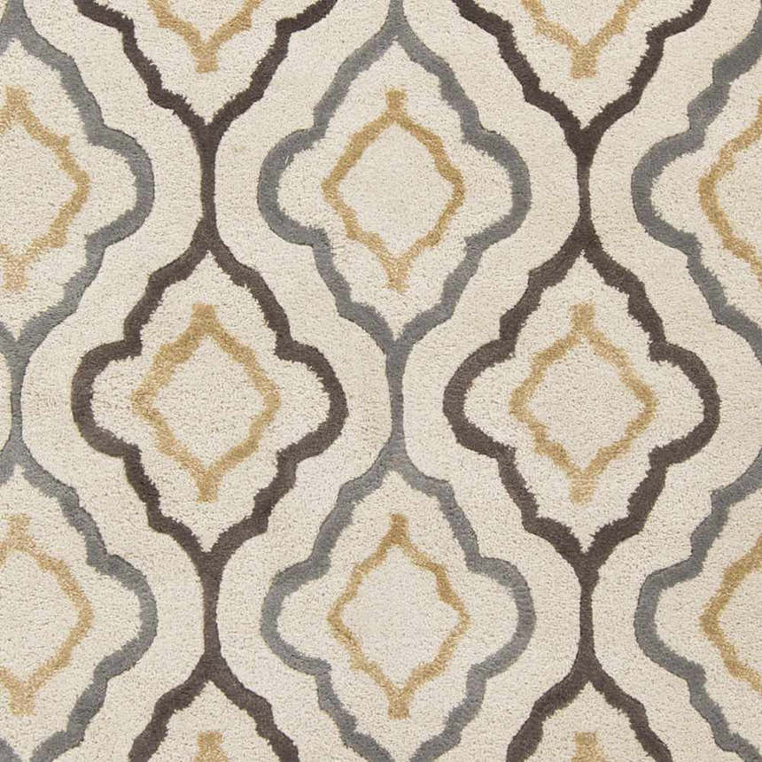 Close-up of the Karval Clearance Rug, a hand-tufted wool rug with a geometric trellis pattern in cream, tan, gray, and brown. Swatch