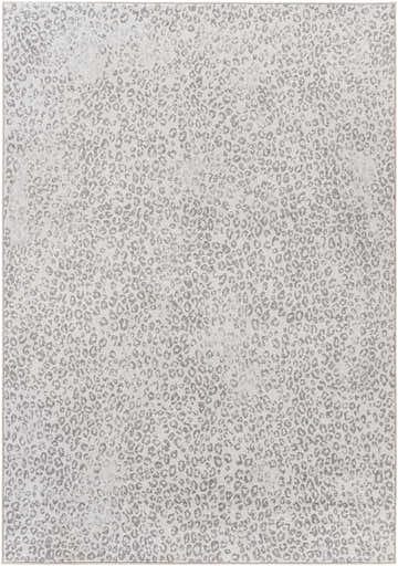 Close-up of the Keenes Leopard Print Area Rug. Charcoal and cream animal print design. Contemporary style. Design-Rectangle-5377