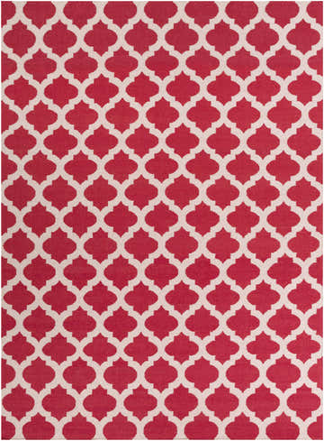Close-up of the Keeseville Wool Area Rug in red and medium gray with a quatrefoil pattern. Hand woven texture. Design-Rectangle-811