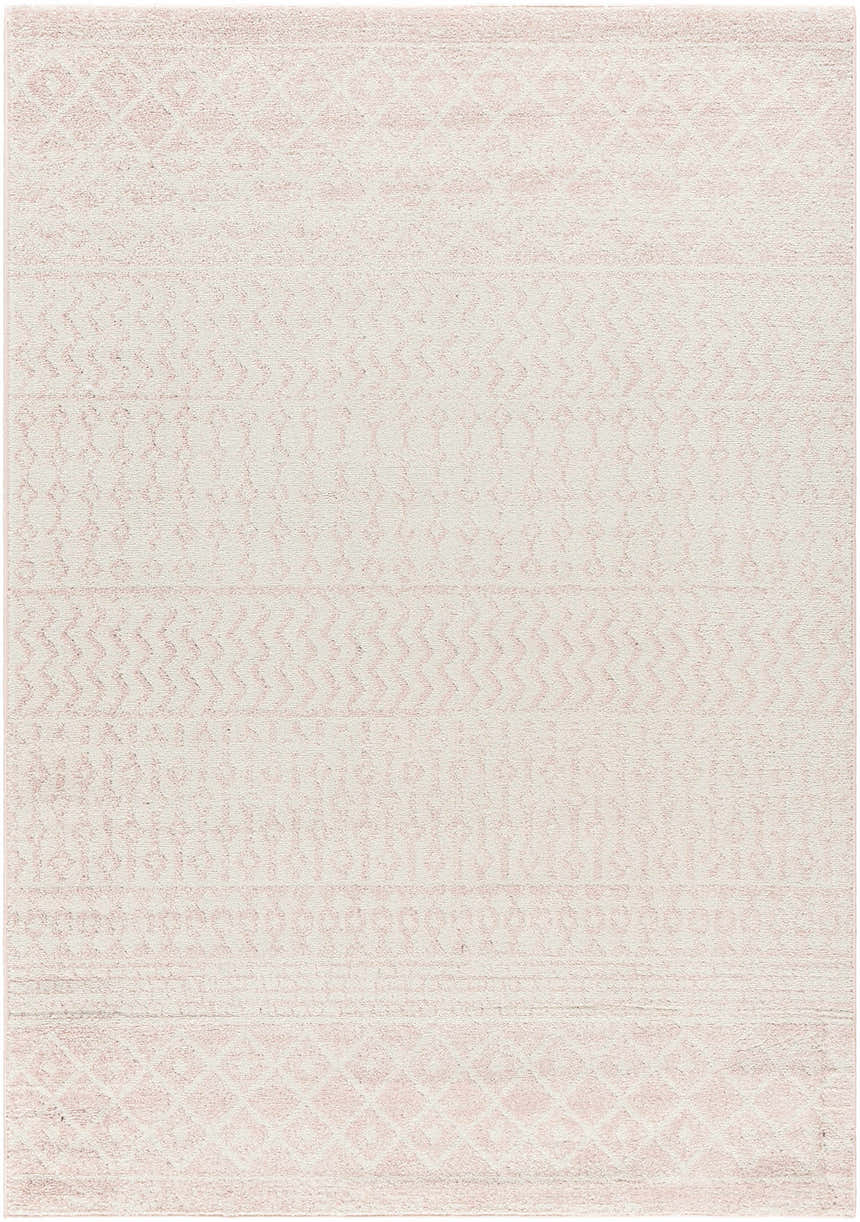 Close-up of the Constantin Blush Area Rug, featuring a subtle geometric pattern in blush and light gray. Design-Rectangle-5377