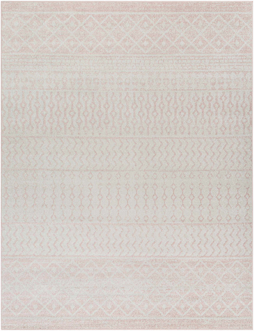Close-up of Constantin Blush Area Rug, featuring a bohemian-inspired geometric pattern in blush and light gray. Design-Rectangle-71003