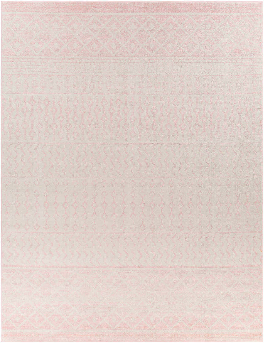 Close-up of the Constantin Blush Area Rug with a subtle bohemian diamond and zigzag pattern in blush and light gray. Design-Rectangle-710103