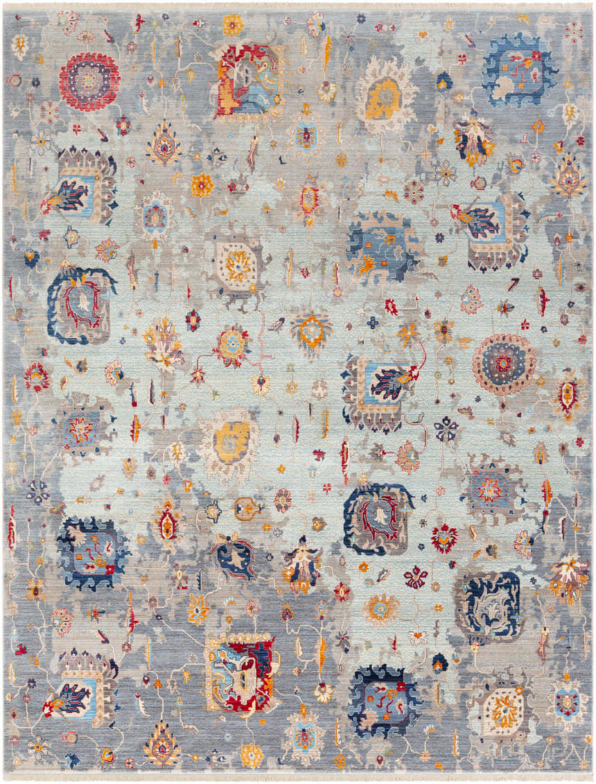 Detailed close-up of the Kernersville Area Rug, featuring a vintage Bohemian pattern in blue, orange, and gray hues. Design-Rectangle-710103