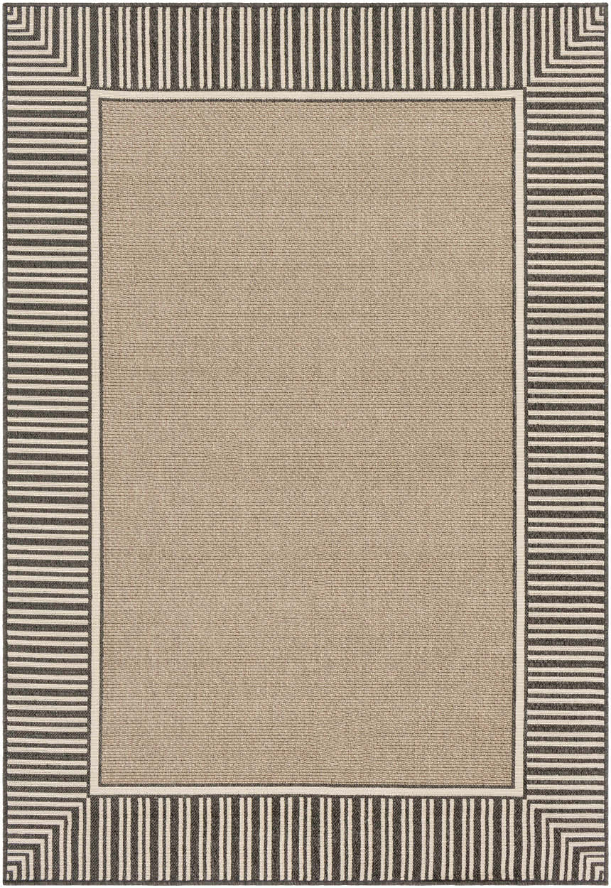 Close-up of the Kidron Area Rug. Beige center with a black and white striped border. Contemporary farmhouse style. Design-Rectangle-5376