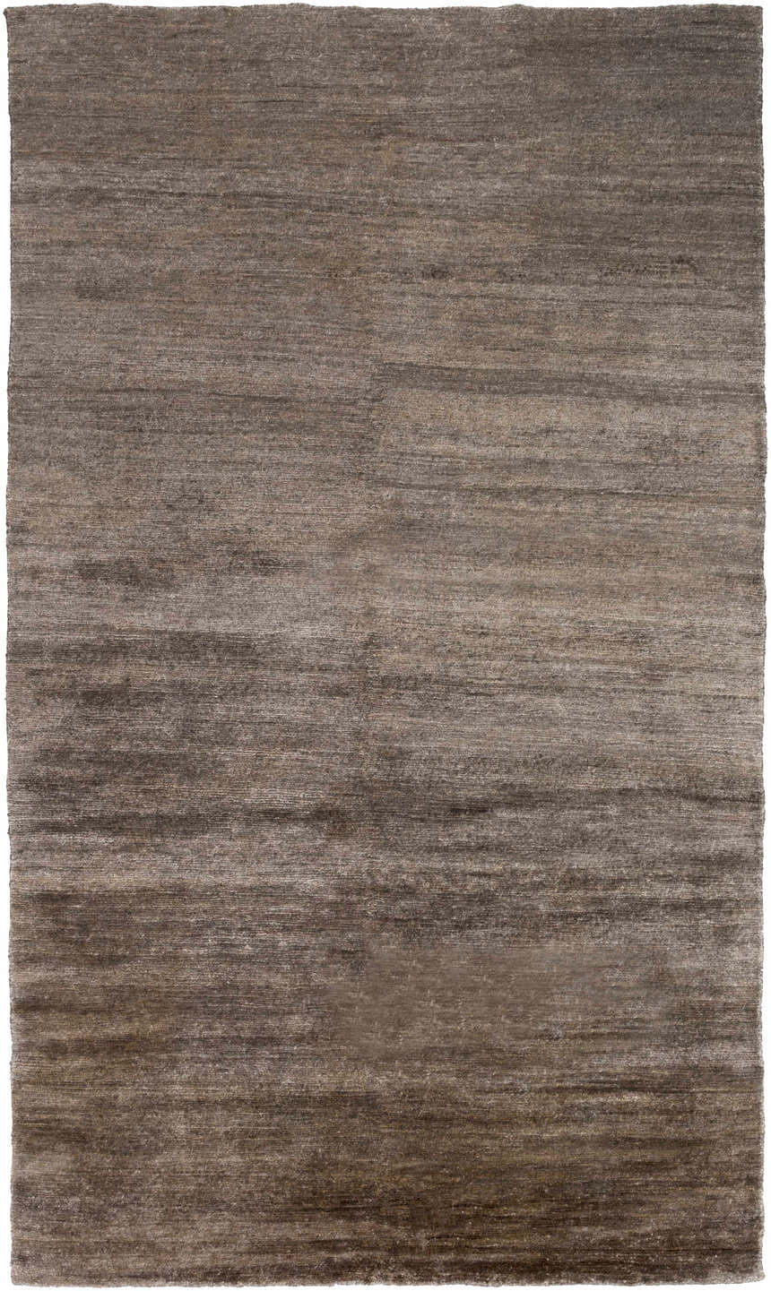 Close-up of the hand-knotted Kingwood Area Rug. Dark and light brown viscose fibers create a textured, transitional design. Design-Rectangle-58