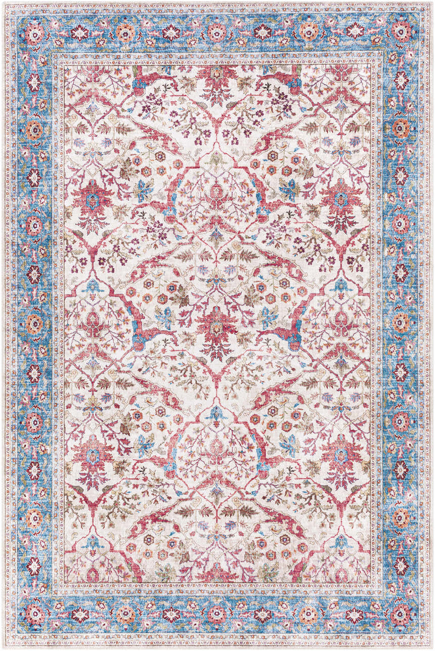 Detailed Kislingbury Area Rug close-up. Beige rug with blue floral border and red, tan, and olive traditional pattern. Design-Rectangle-576