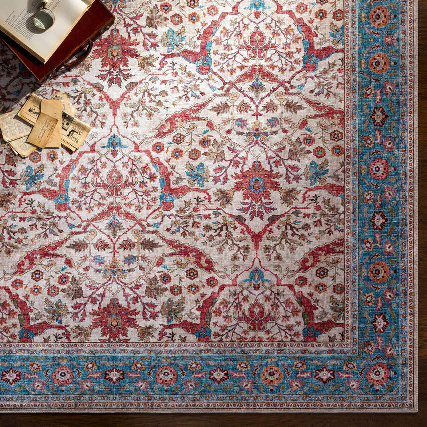 Close-up of the Kislingbury Area Rug showing its beige, red, and blue traditional floral pattern and texture. Styleshot