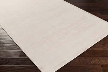 Close-up of the Kitzmiller Viscose Area Rug, a hand-loomed, light beige rug with subtle stripes on dark wood flooring. Corner