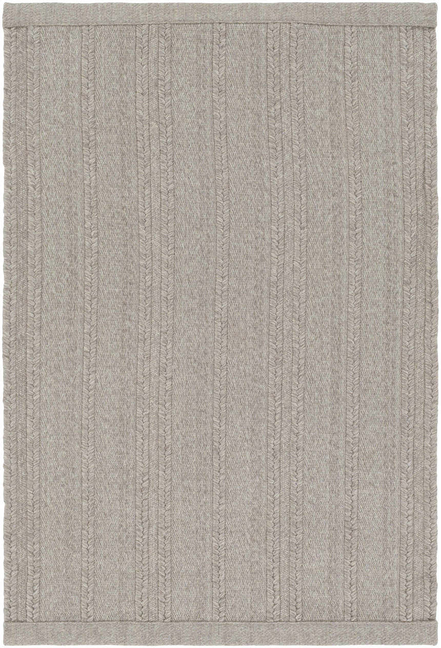 Close-up of the Kempston Gray hand woven rug. The rug has a vertical braided pattern and a neutral gray color. Design-Rectangle-23