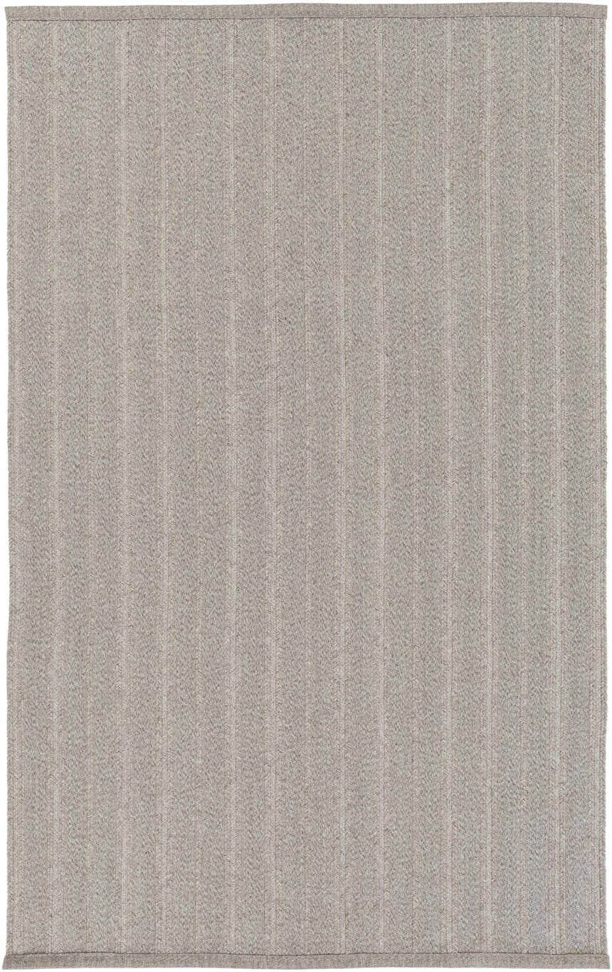 Close-up of the Kempston Gray hand woven rug. The rug has a subtle vertical stripe pattern and woven texture. Design-Rectangle-576