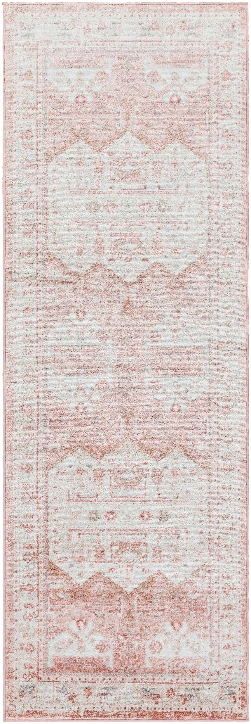 Close-up of a pink and cream Kendal Area Rug with a traditional, distressed oriental pattern. Machine woven texture. Design-Runner-2773