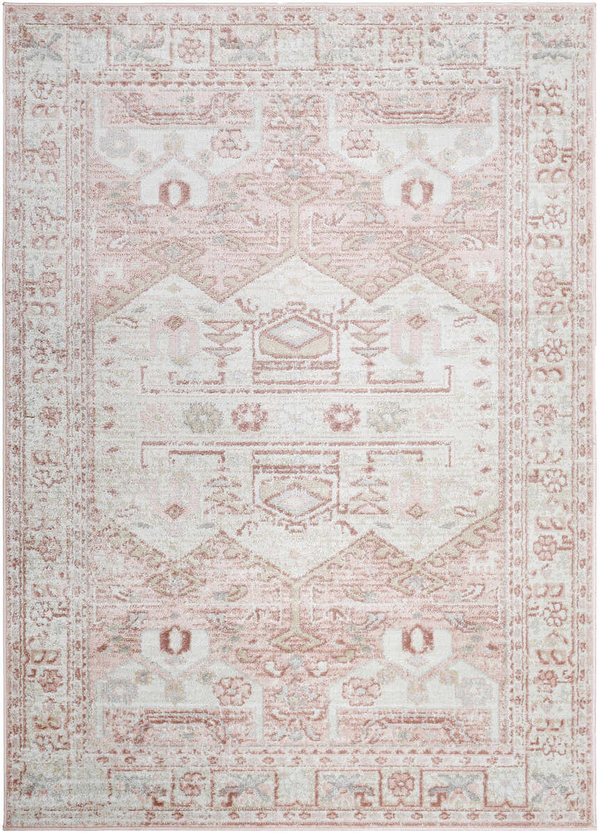 Close-up of the Kendal Area Rug. Machine-woven with a traditional, light beige, cream, and pale pink oriental pattern. Design-Rectangle-527