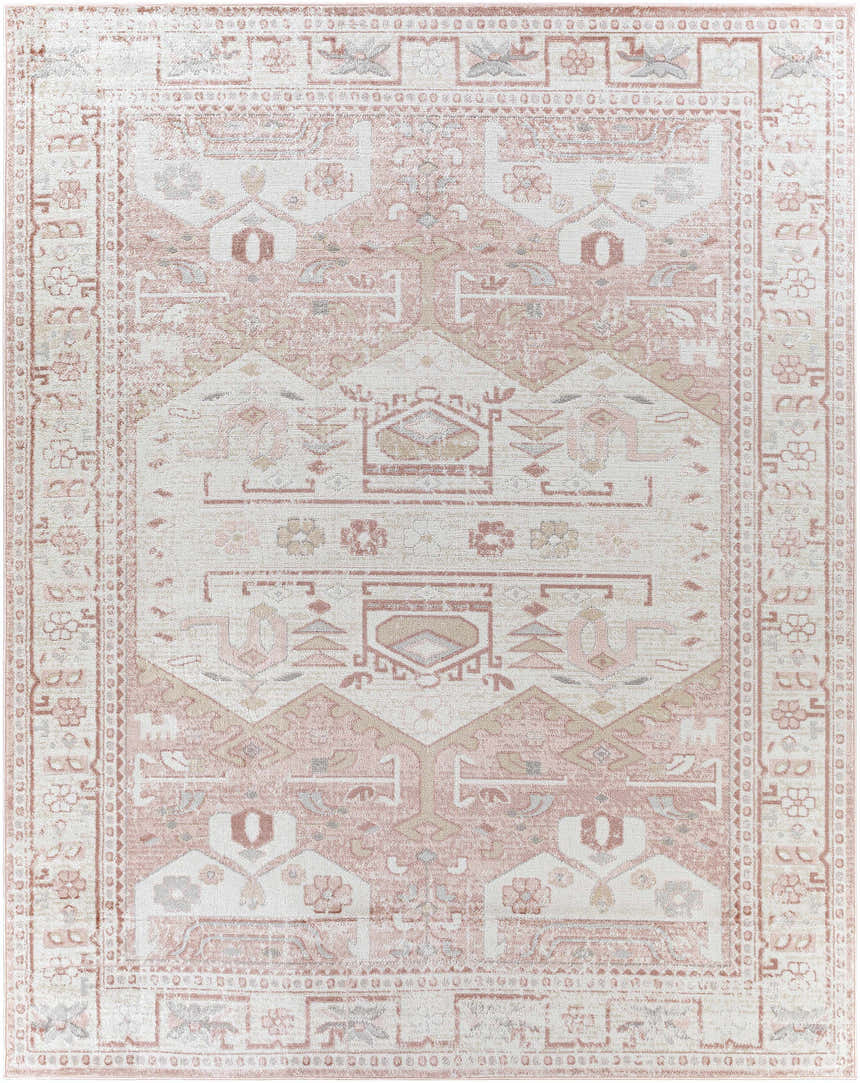 Close-up of the Kendal Area Rug. Bohemian style rug in cream, light beige, pale pink, and plum colors. Design-Rectangle-7996