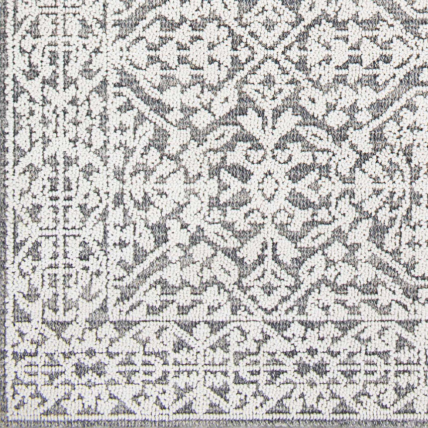 Close-up of the Kinglake Area Rug, featuring a detailed gray and white bohemian pattern. Swatch