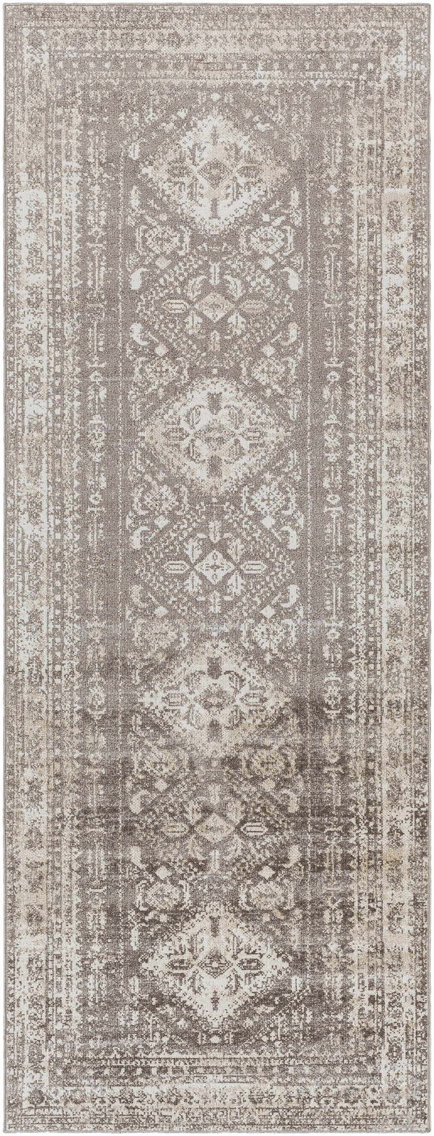Close-up of the Kingscourt Washable Area Rug. Traditional oriental pattern in cream, taupe, gray, and dark brown tones. Design-Runner-2773