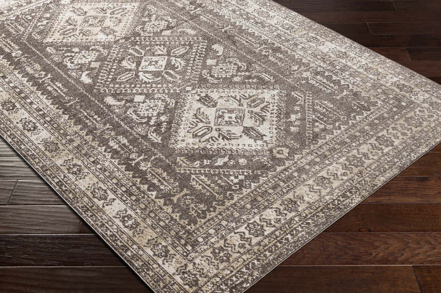Close-up of the Kingscourt Washable Area Rug in cream, gray, and brown on dark wood floors. Traditional oriental pattern. Corner