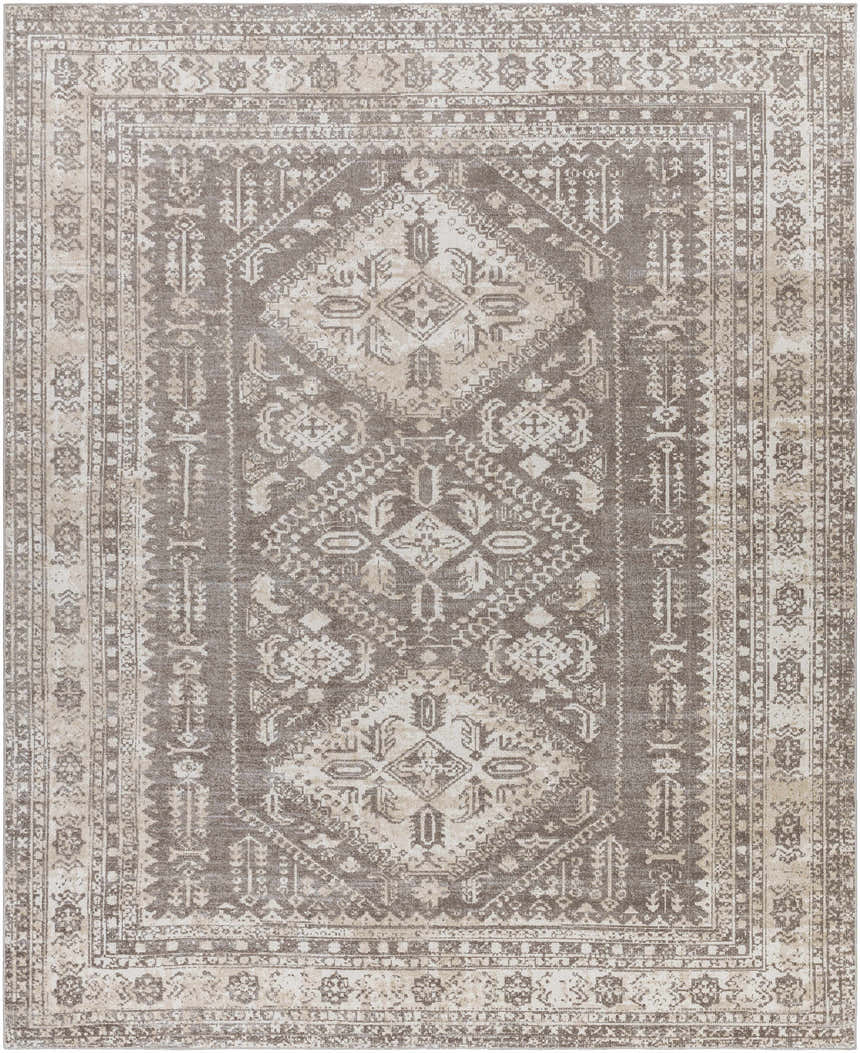 Close-up of the Kingscourt Washable Area Rug. Traditional oriental rug design in cream, taupe, gray, and brown tones. Design-Rectangle-71010