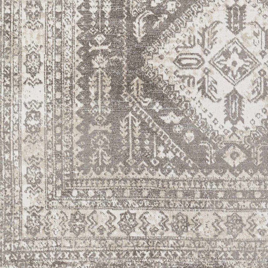 Close-up of the Kingscourt Washable Area Rug. Features a traditional oriental pattern in cream, gray, and taupe. Swatch