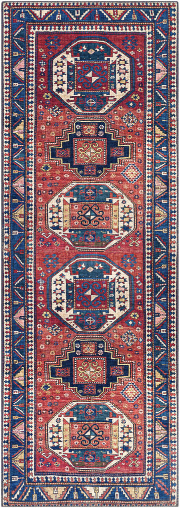 Detailed Kodiak Red&Blue Oriental Area Rug. Traditional rug with burnt orange, navy, and lambswool geometric patterns. Design-Runner-2676
