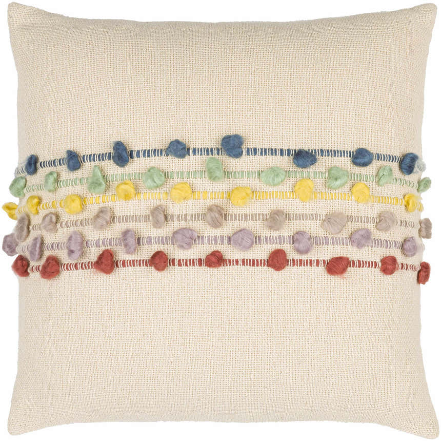 Pomira Light Beige Cottage Country Cotton Lumbar Pillow with Multicolor Pom Pom Tassels - Clearance
