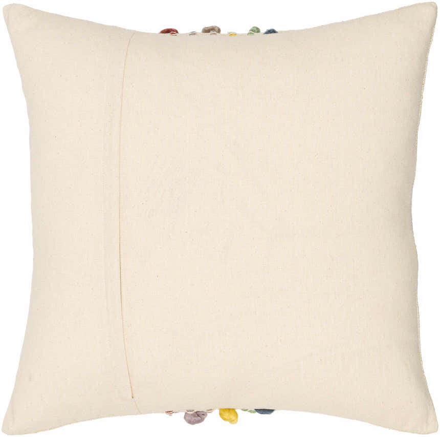Pomira Light Beige Cottage Country Cotton Lumbar Pillow with Multicolor Pom Pom Tassels - Clearance