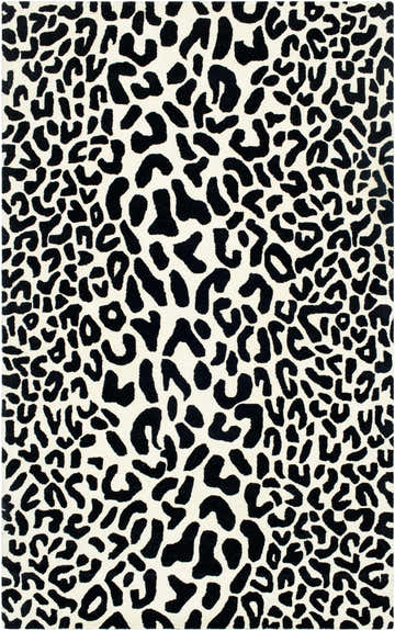 Close-up of the Kass Leopard Print Area Rug, a hand-tufted wool rug with a black leopard pattern on an off-white background. Design-Rectangle-58