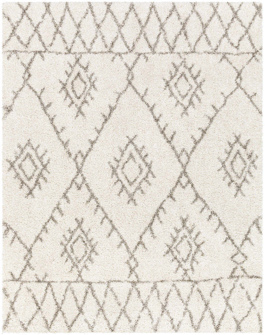 Close up of the Kunia Area Rug, a shag rug with a geometric diamond pattern in ivory and taupe. Design-Rectangle-710103