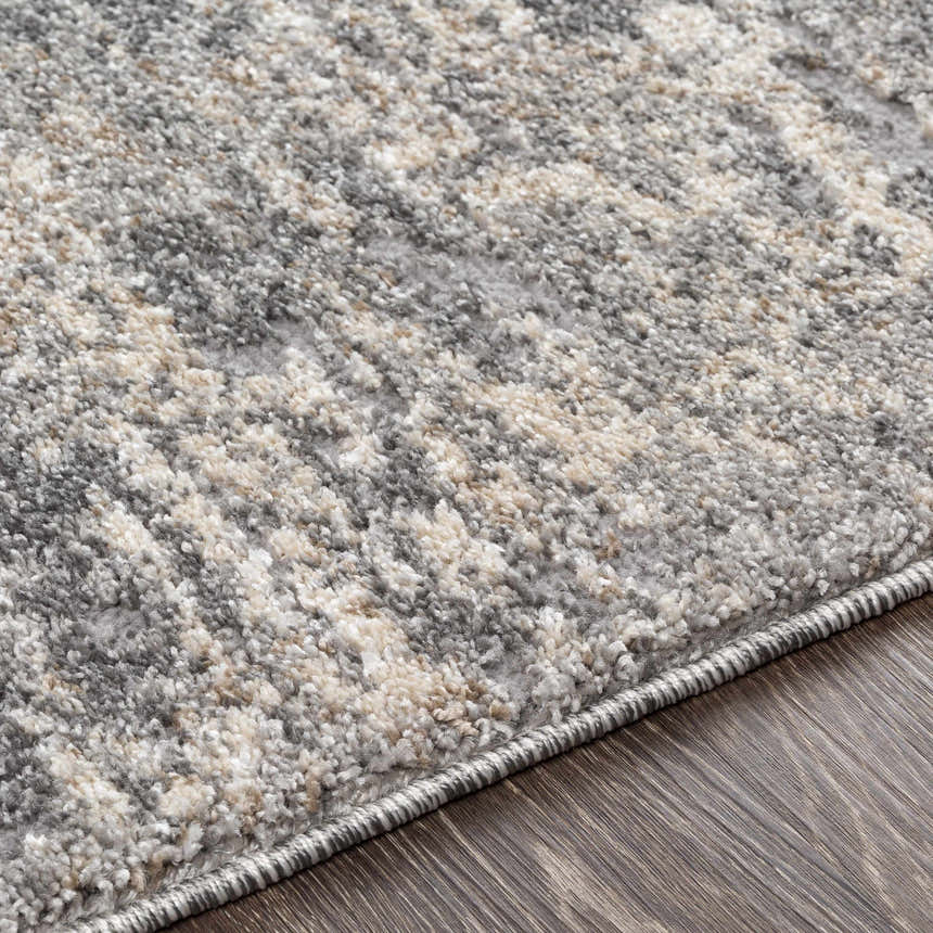 Close up of the Kyabram textured abstract area rug. Beige, charcoal, gray, and off white tones. Texture