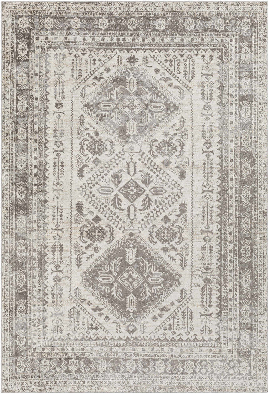Close-up of the Ladybrand Washable Area Rug. Traditional oriental design in brown, dark brown, gray, and light beige. Design-Rectangle-537