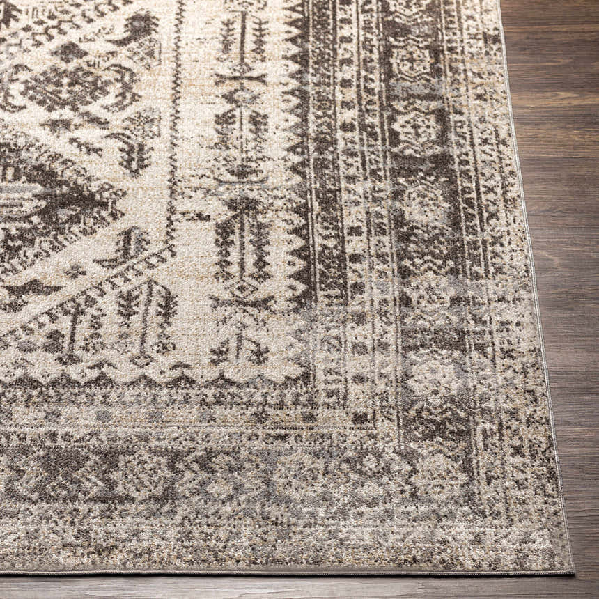 Close up of the Ladybrand Washable Area Rug, showing a traditional brown, gray, and light beige oriental pattern. Front
