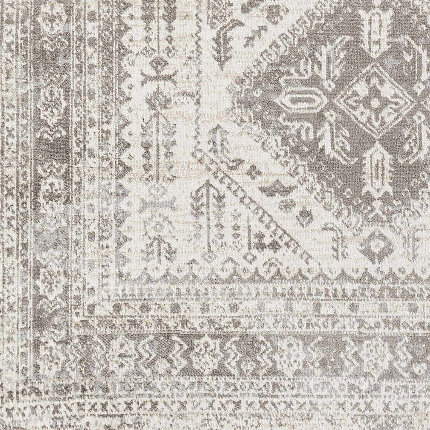 Close up of the Ladybrand Washable Area Rug with a traditional oriental pattern in brown, dark brown, gray, and light beige. Swatch
