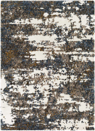Close-up of the Lafontaine Boutique Area Rug. Shag rug with cream, blue, brown, and mustard abstract pattern. Design-Rectangle-537