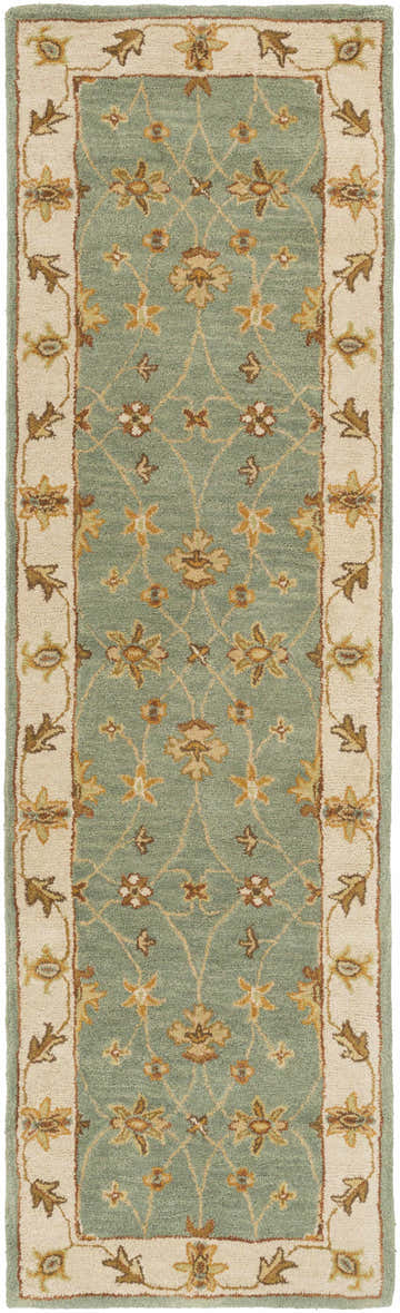Close-up of the Lagrange Sage Regency Wool Carpet featuring a sage green field and beige floral border. Design-Runner-38