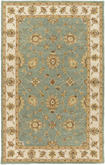 Close-up of the Lagrange Sage Regency Wool Carpet featuring a sage green field and floral pattern. Design-Rectangle-58