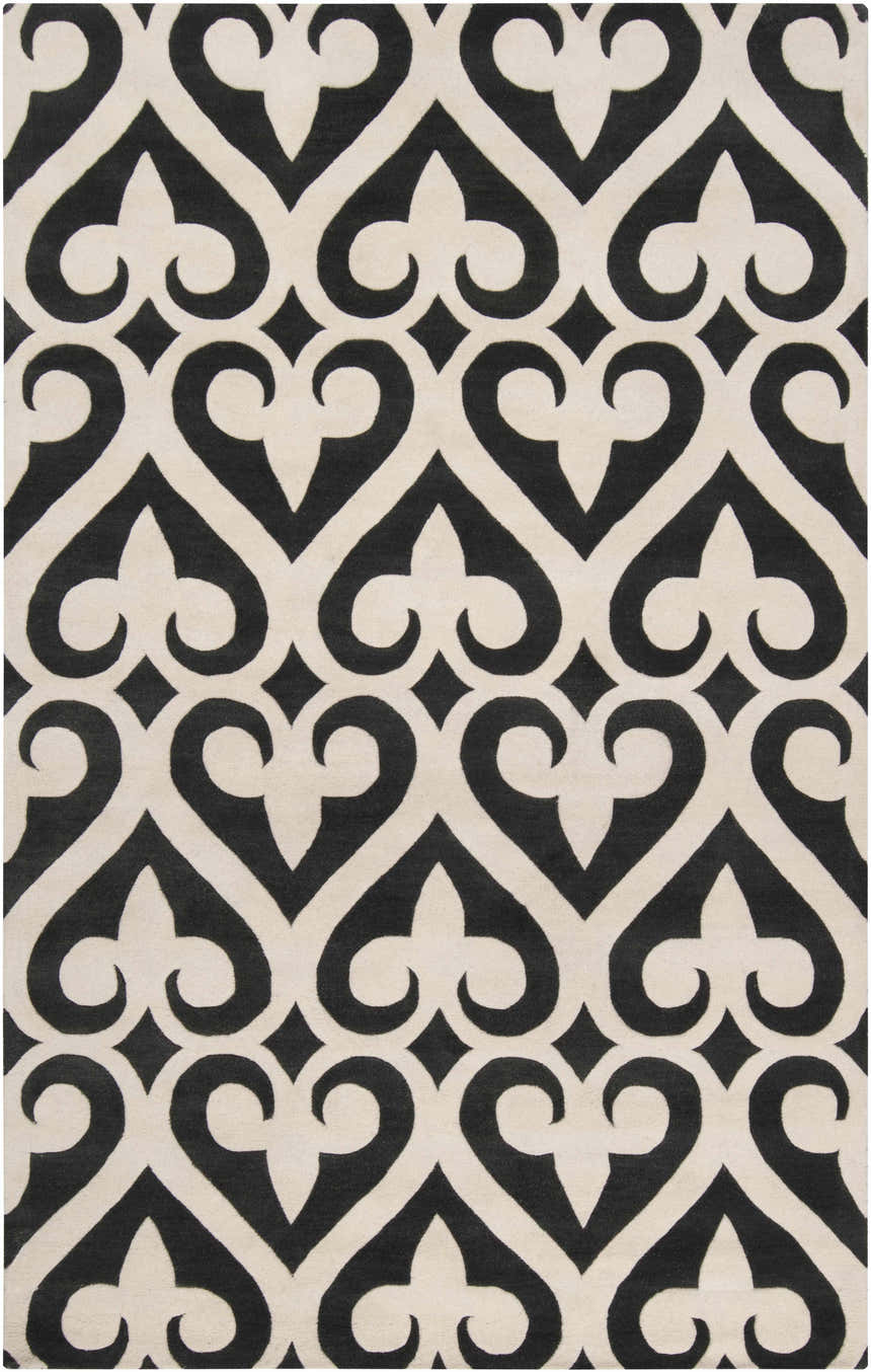 Close-up of the Landa Area Rug. Black, cream, contemporary pattern. Hand-tufted 100% NZ wool texture. Design-Rectangle-58