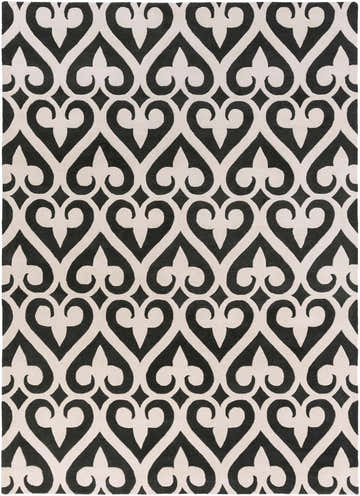 Close-up of the Landa Area Rug: a hand-tufted, rectangular rug with a black and cream geometric, heart-like pattern. Design-Rectangle-811