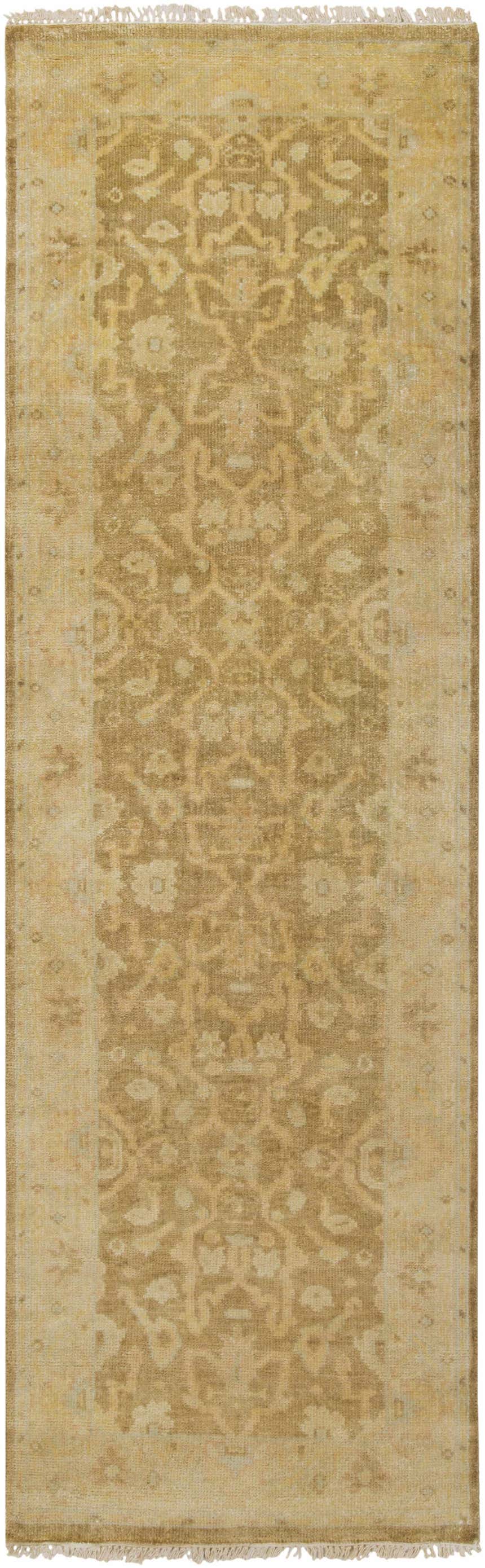 Close-up of the hand-knotted Langhorne Carpet runner. Features a traditional floral pattern in tan, mustard, and dusty pink tones. Design-Runner-268