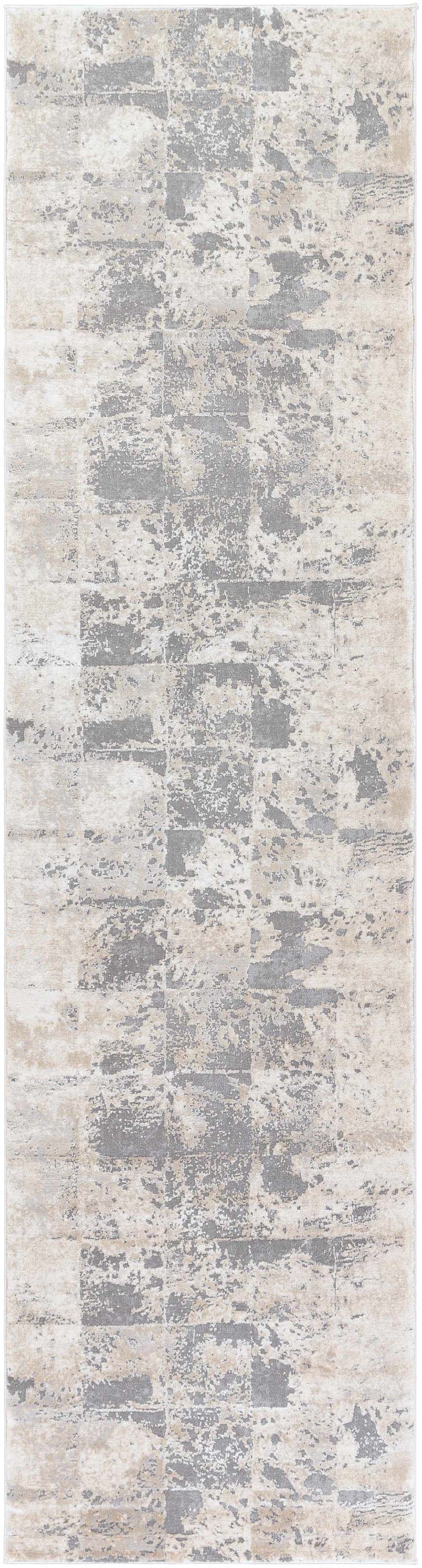 Close-up of the Lares Area Rug: charcoal, light beige, medium gray, and tan abstract pattern. Machine woven texture. Design-Runner-2710
