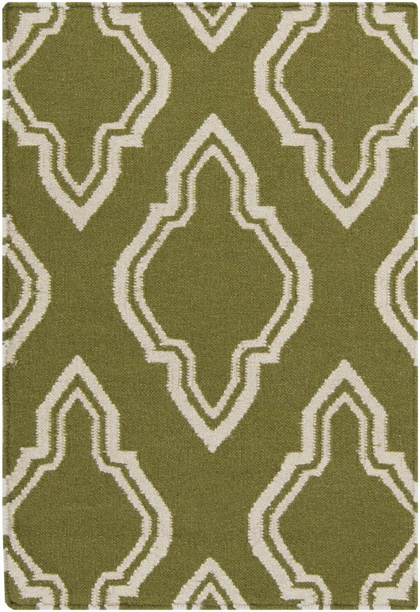 Close-up of the Larimore Area Rug. Olive wool rug with a cream geometric trellis pattern. Contemporary style. Design-Rectangle-23