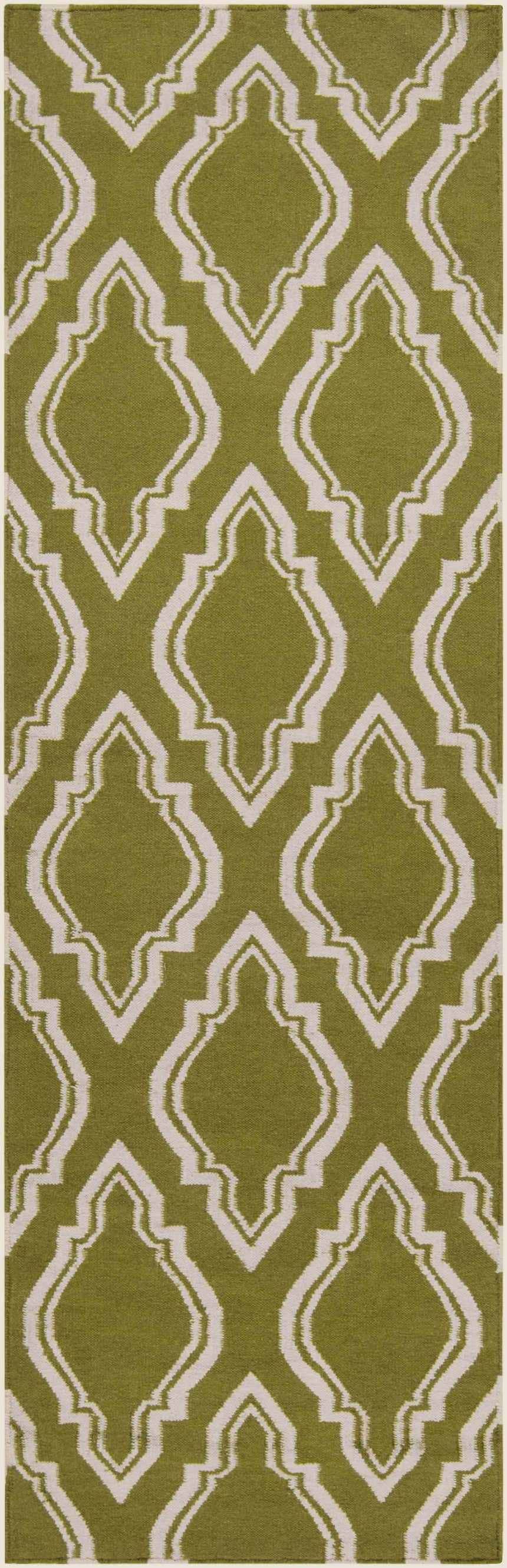 Close-up of the Larimore Area Rug showing its olive and peach geometric trellis pattern, hand-woven wool texture. Design-Runner-268
