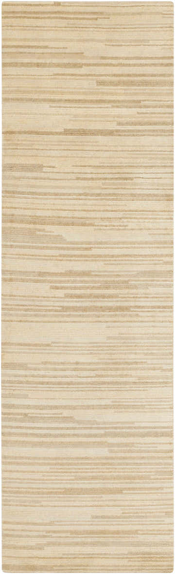 Close-up of the Elberton Area Rug. Hand-knotted wool rug in dark brown, light brown, and tan stripes. Design-Runner-268
