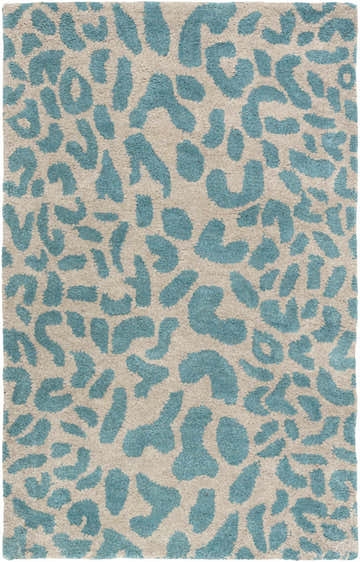Close-up of the hand-tufted Lockbourne Leopard Print Area Rug. Features a teal animal print on a light brown wool background. Design-Rectangle-23
