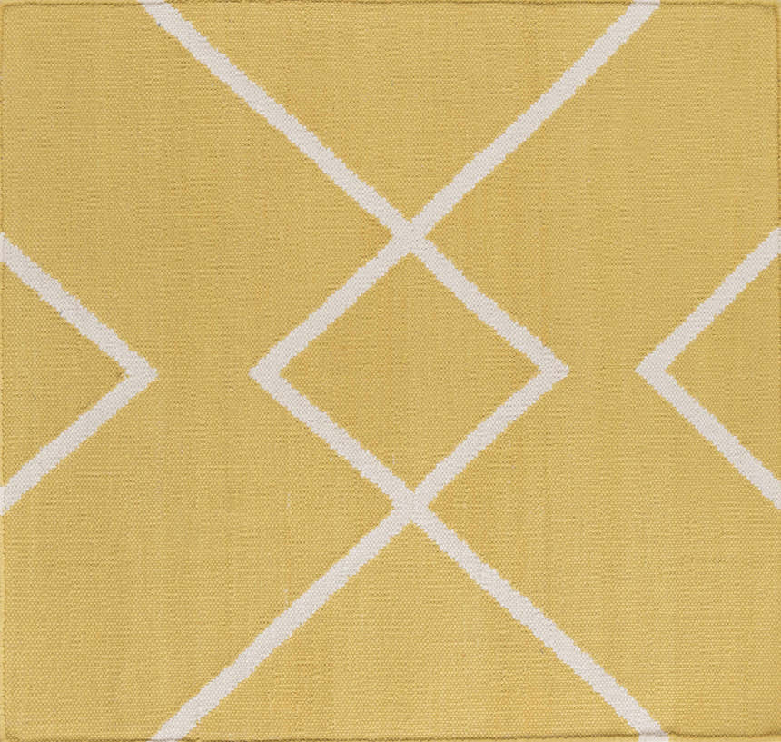 Close-up of the hand woven Leatherwood Area Carpet. Off white geometric pattern on a tan 100% cotton rug. Swatch