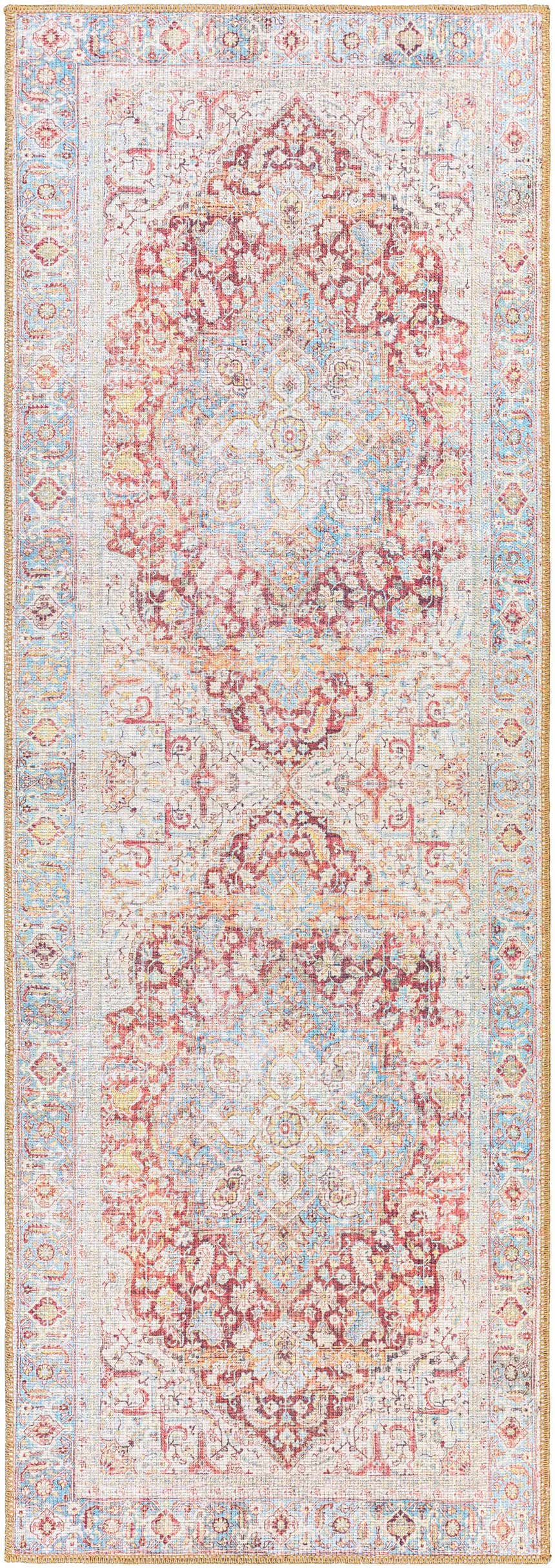 Close-up of the Cream Rust Leeston Washable Rug, featuring a traditional oriental design with brick red, cream, and light blue colors. Design-Runner-2773