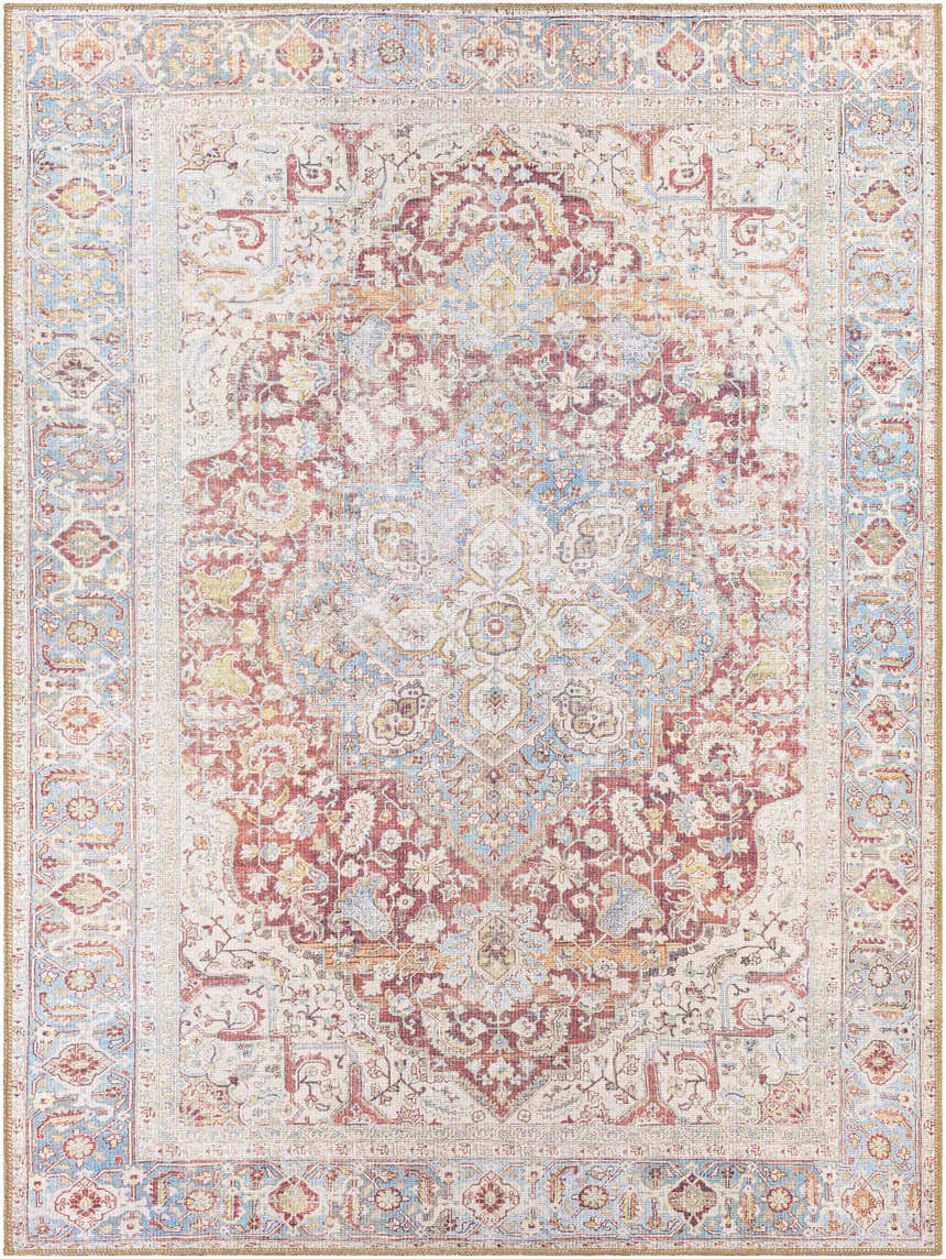 Close-up of Cream Rust Leeston Washable Rug. Features a traditional oriental design with brick red, cream, and light blue colors. Design-Rectangle-537