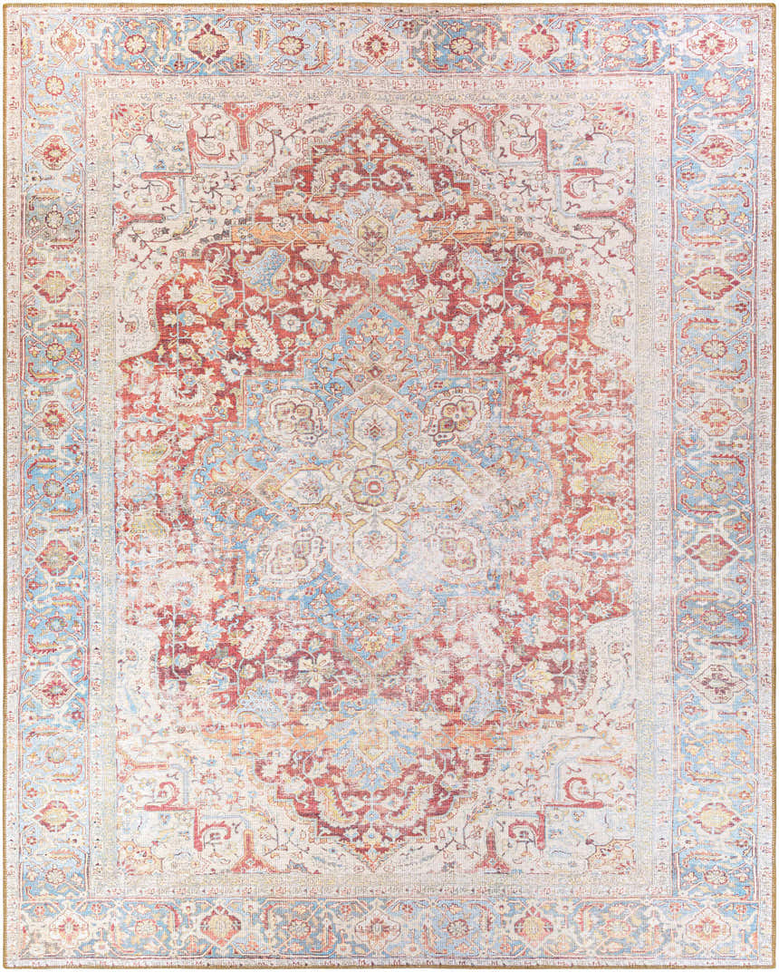 Detailed view of the Cream Rust Leeston Washable Rug, featuring a vintage oriental pattern with brick red, cream, and light blue tones. Design-Rectangle-7996