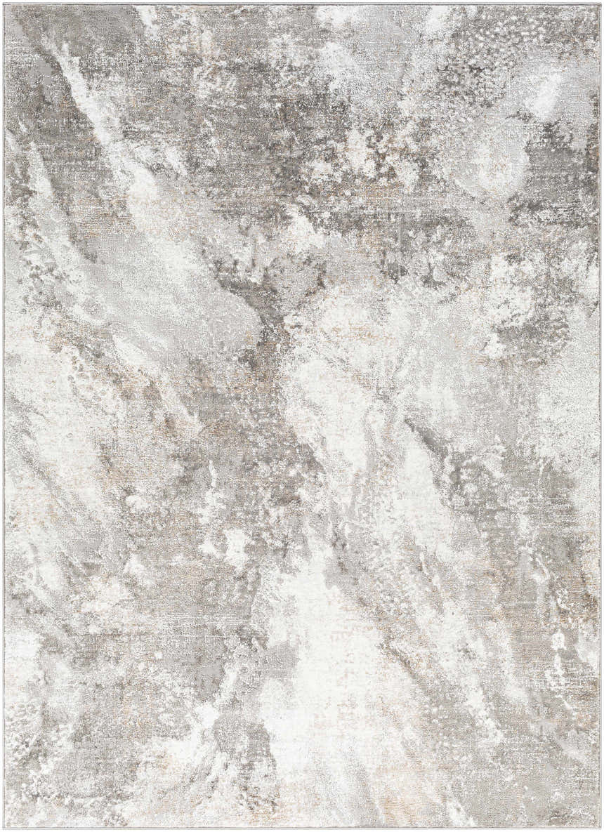 Close-up of the Leganes Brown Marble Rug, featuring a contemporary abstract design in charcoal, gray, ivory, and tan hues. Design-Rectangle-537